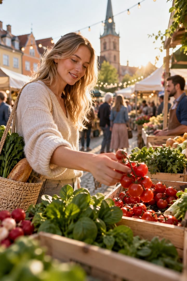 A lively outdoor market event in a small Swedish town square, string lights hanging above the stalls, daytime light.