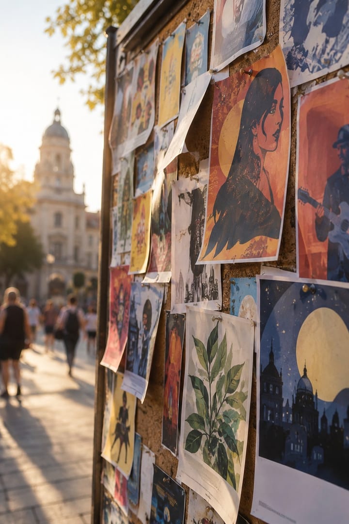 A bulletin board covered with overlapping event flyers in a city square, afternoon daylight.