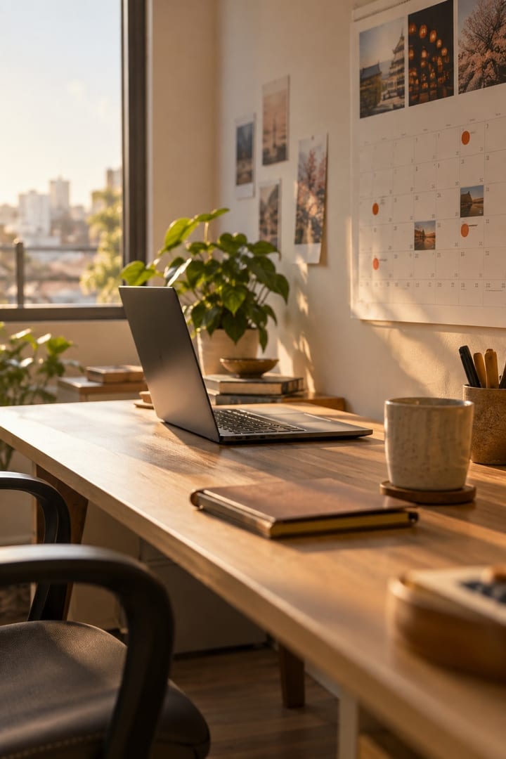 A desk in a small office with a laptop open and a wall calendar marked with festival dates, afternoon sunlight through a window.