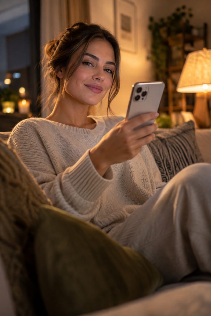 A person sits on a sofa at home in the evening, holding a phone with its screen turned away, warm lamp light in the room.