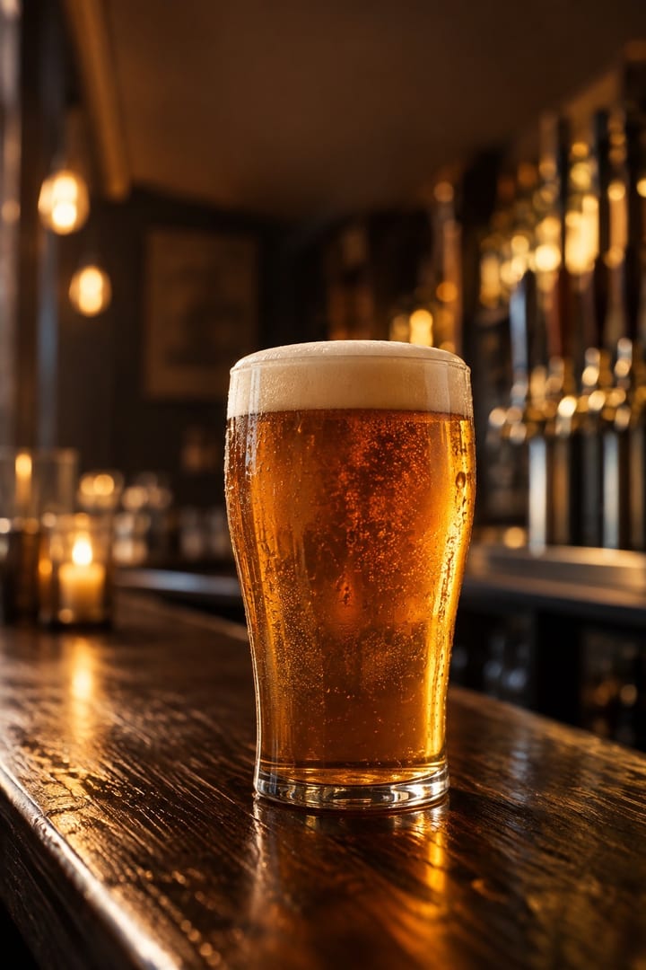A glass of craft beer sits on a dark wooden bar counter in a dim tap room, warm amber light catching the foam, with calm empty space at the top.