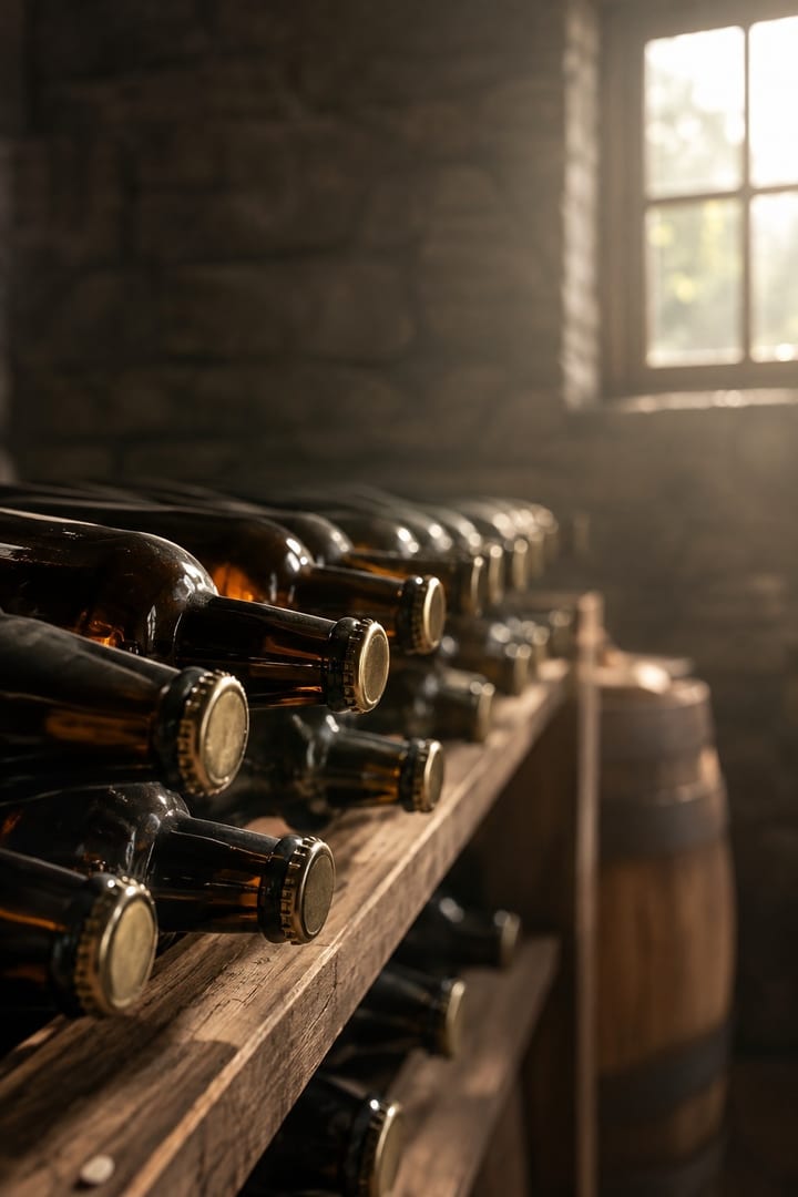 Rows of unopened craft beer bottles lie on their sides on a wooden cellar shelf, soft natural light from a small window, with open calm space at the top.
