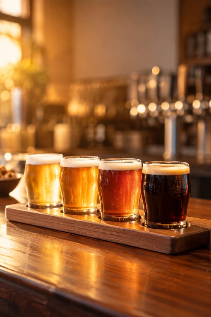A flight of four small glasses of craft beer sits on a wooden tasting paddle on a bar counter, bright warm light, with calm space at the top.