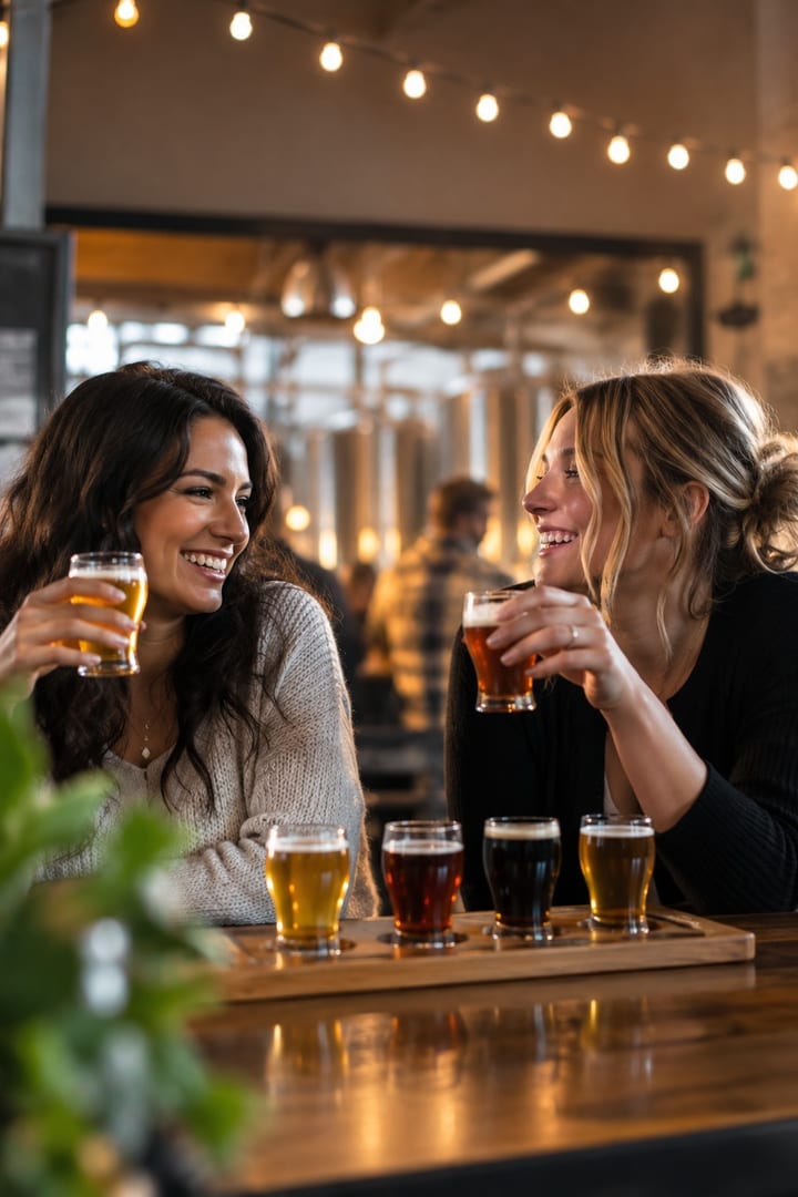 Two friends sit at a tap room counter sharing small glasses of craft beer, warm string lights overhead, a relaxed candid moment, with space at the top for text.